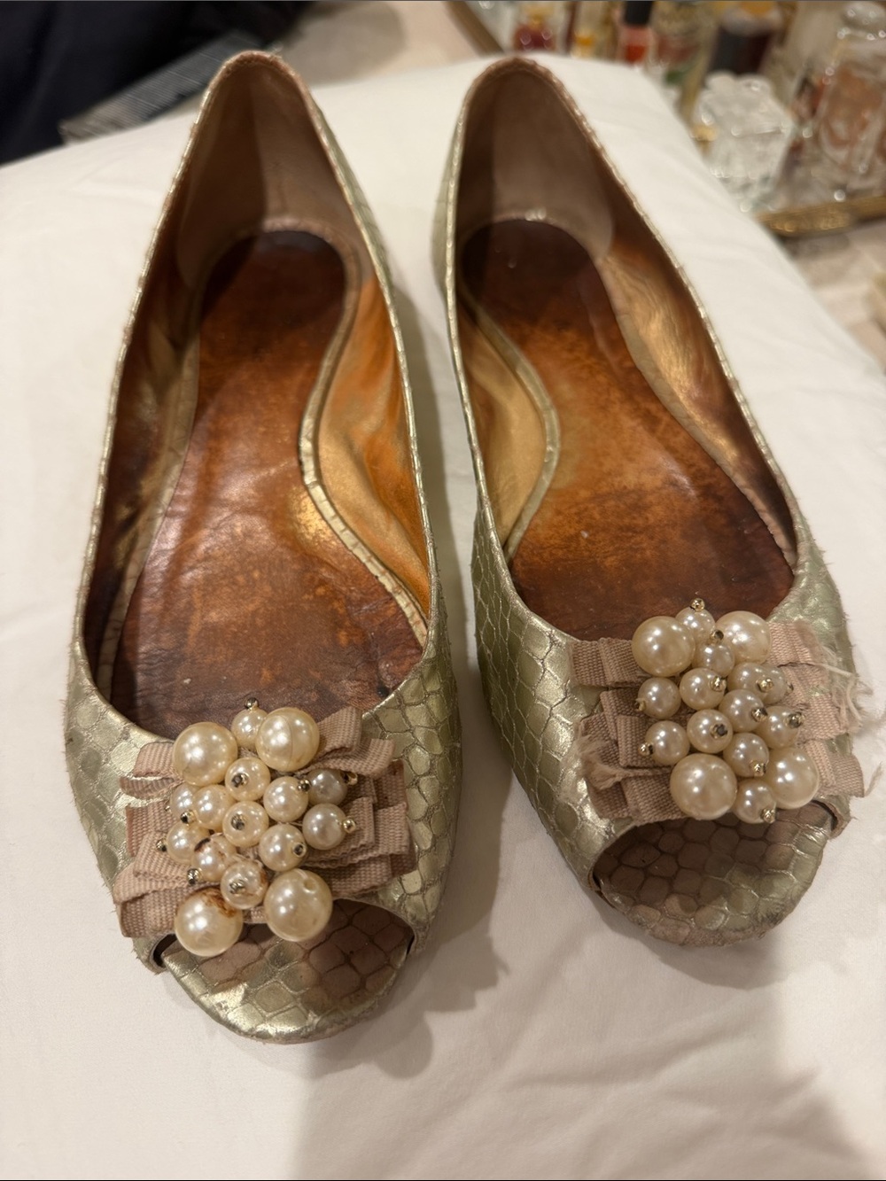 kate spade Gold Pearl-Embellished Peep-Toe Flats